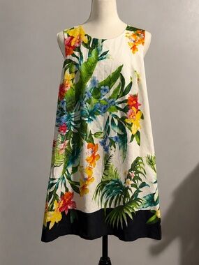 Appleseed's Petite White Tropical Floral Sleeveless A-Line Dress Black Hem